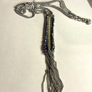 Stella & Dot Tessa Fringe Necklace Double Chain Tassel Adjustable Silver Tone